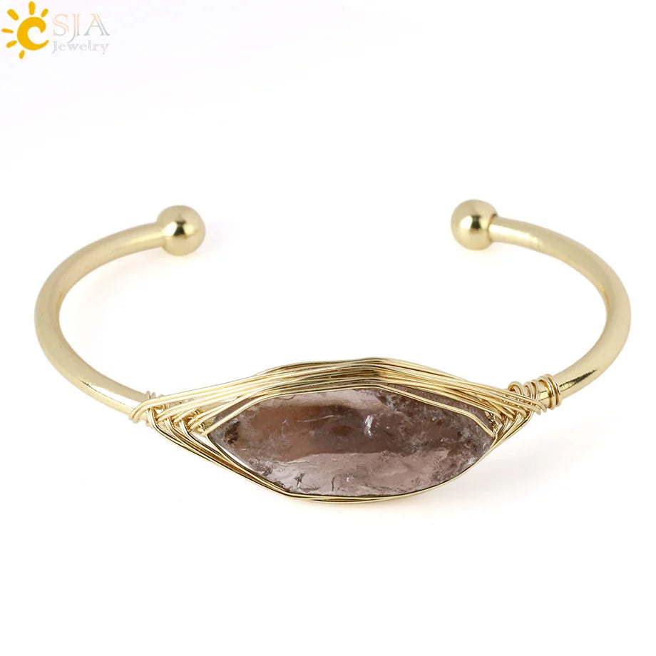 CSJA Gem Stone Open Cuffs Bracelets Crystals Natural Stones Bangles Gold Color Wire Wrap Bracelet for Friend Bijoux Femme G866