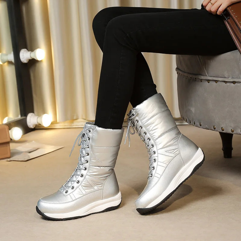 Large Size Flat-Bottomed Warm Winter Snow Boots Lace Up Women's Boots