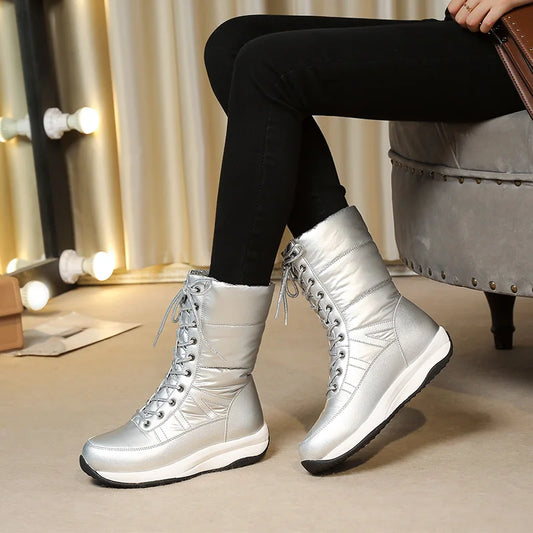 Large Size Flat-Bottomed Warm Winter Snow Boots Lace Up Women's Boots