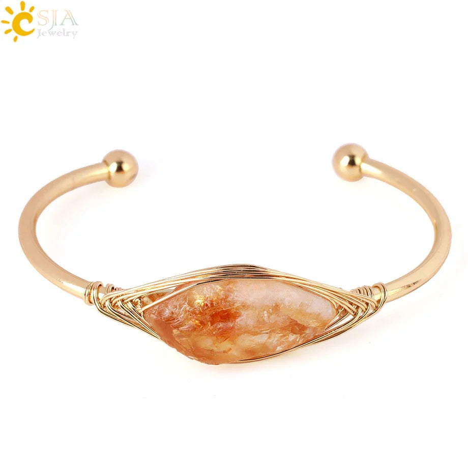 CSJA Gem Stone Open Cuffs Bracelets Crystals Natural Stones Bangles Gold Color Wire Wrap Bracelet for Friend Bijoux Femme G866