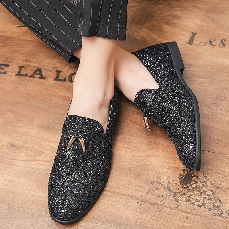 37~48 Plus Size White Italian Glitter Loafers Mens Sequin Shoes Men Pointed Toe Dress Weddings Shoes Classic Loafer Formal Shoe