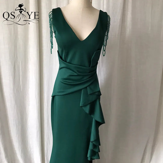 Green Long Prom Dress Stretch Ruffles Emerald Evening Dress V Neck Formal Party Dress