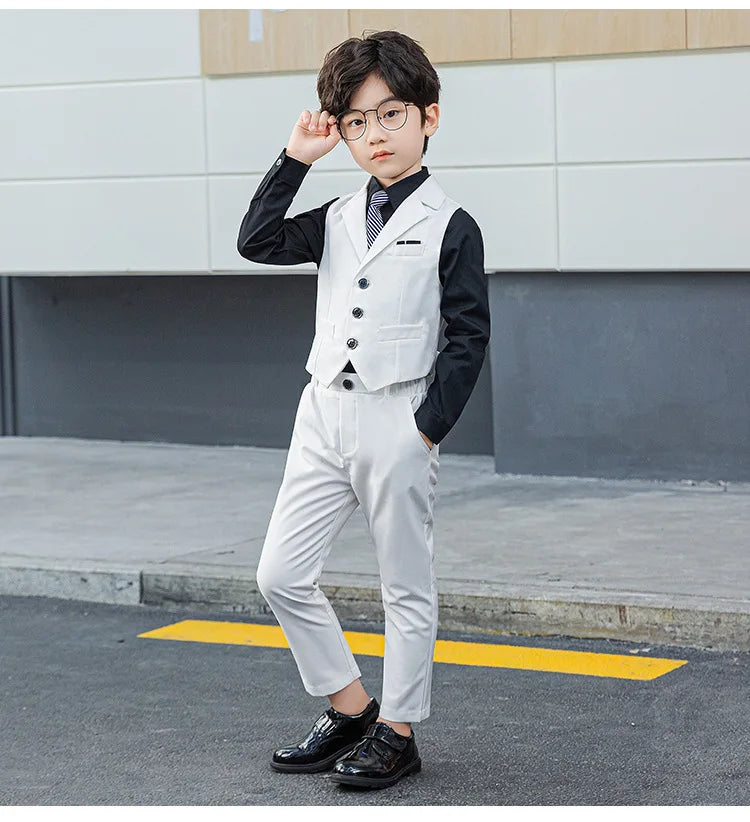 Boy Top Ring Bearer Waistcoat Clothes Set Kids Formal Suits Child Tie Long Sleeve Shirt Vest Trousers Toddler Gentleman Outfits