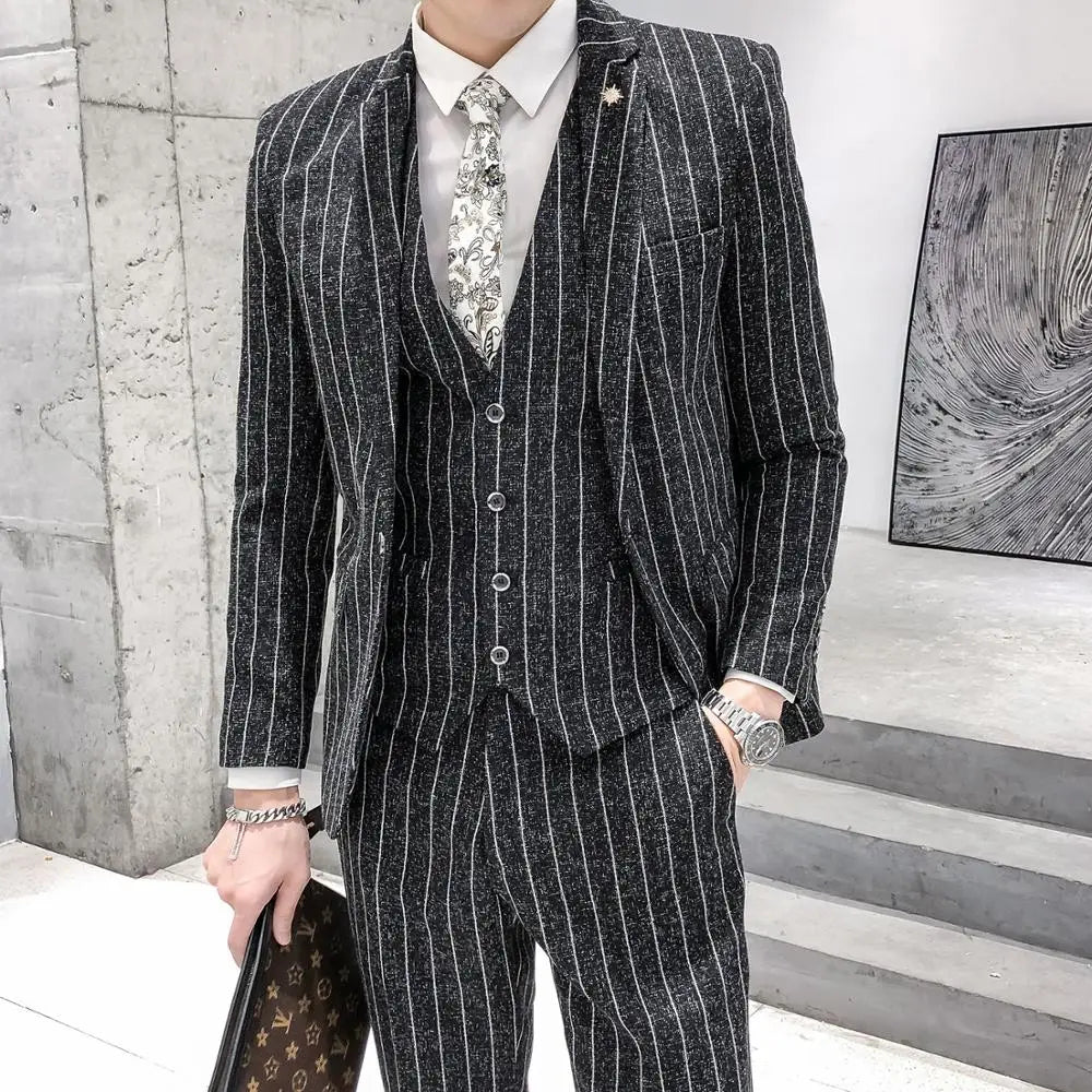 men's suit 3-Pieces Blazers+Pant Fashion Korean Slim Fit Casual men's tuxedo