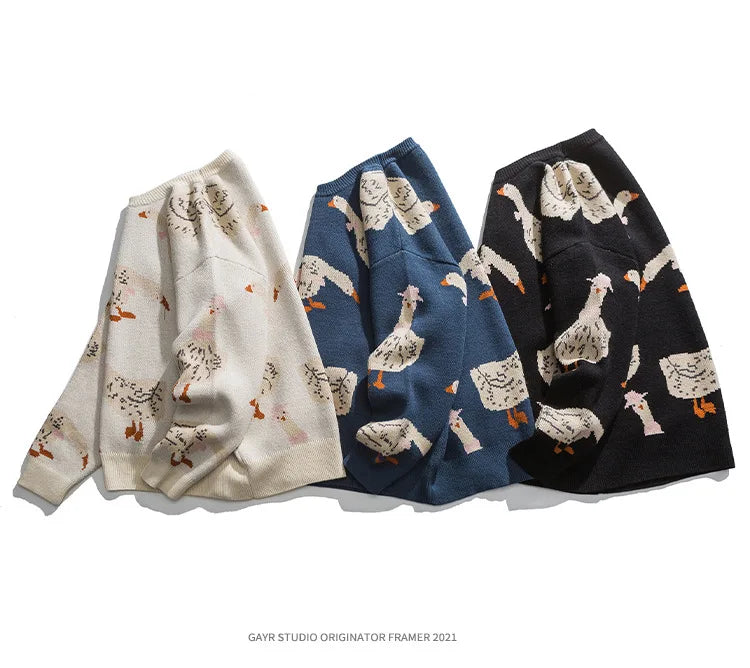 Japanese Knitted Sweater Men Cartoon Animal Duck Goose Print Pullover