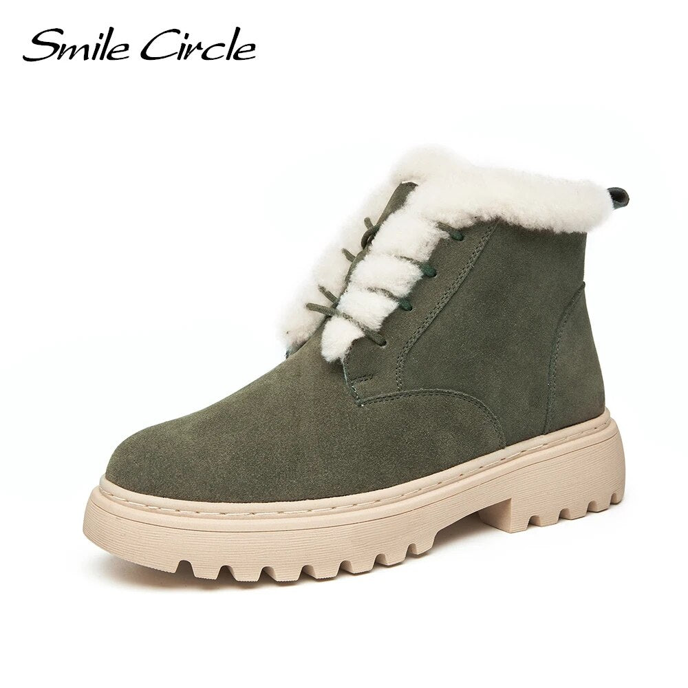 Smile Circle Ankle Boots Women Leather Chunky Boots Natural fur Warm Winter