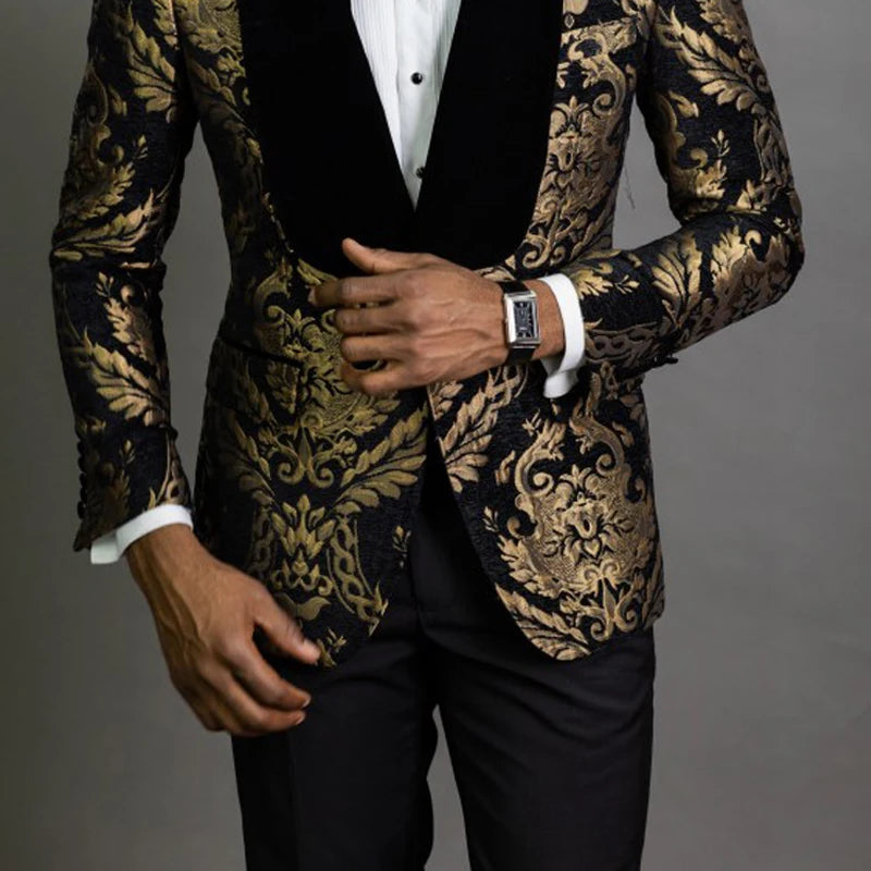 Floral Jacquard Blazer for Men Prom African Fashion Slim Fit with Velvet Shawl