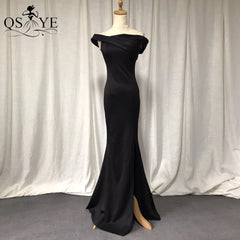 Black Evening Dresses Elastic Mermaid Off the Shoulder Split Formal Gown