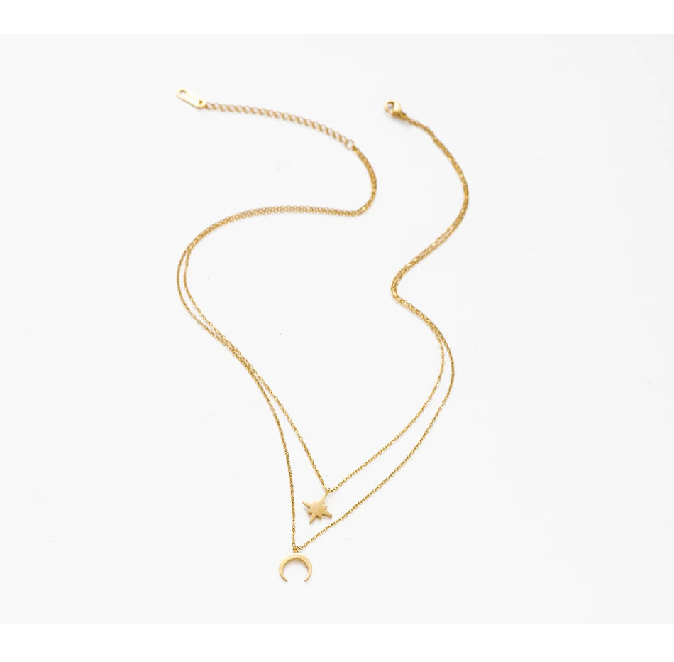 Moon Star Layered Necklace for Women Girl Sweater Pendant Necklaces Gold Plated