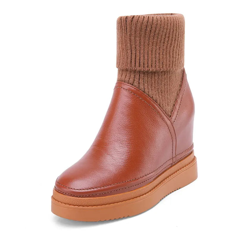 Women Fashion Wedges Mid Calf Boots Genuine Cow Leather Shoes Autumn Winter