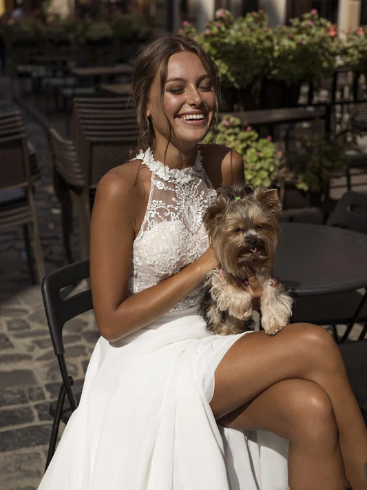 White Bridesmaid Dresses: Wedding Dress White High Split Jewel Neck Chiffon