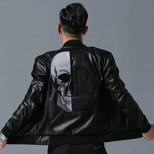 Skull Rhinestones PU Jackets Men Black High Street Stand-Neck Zipper