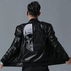 Skull Rhinestones PU Jackets Men Black High Street Stand-Neck Zipper