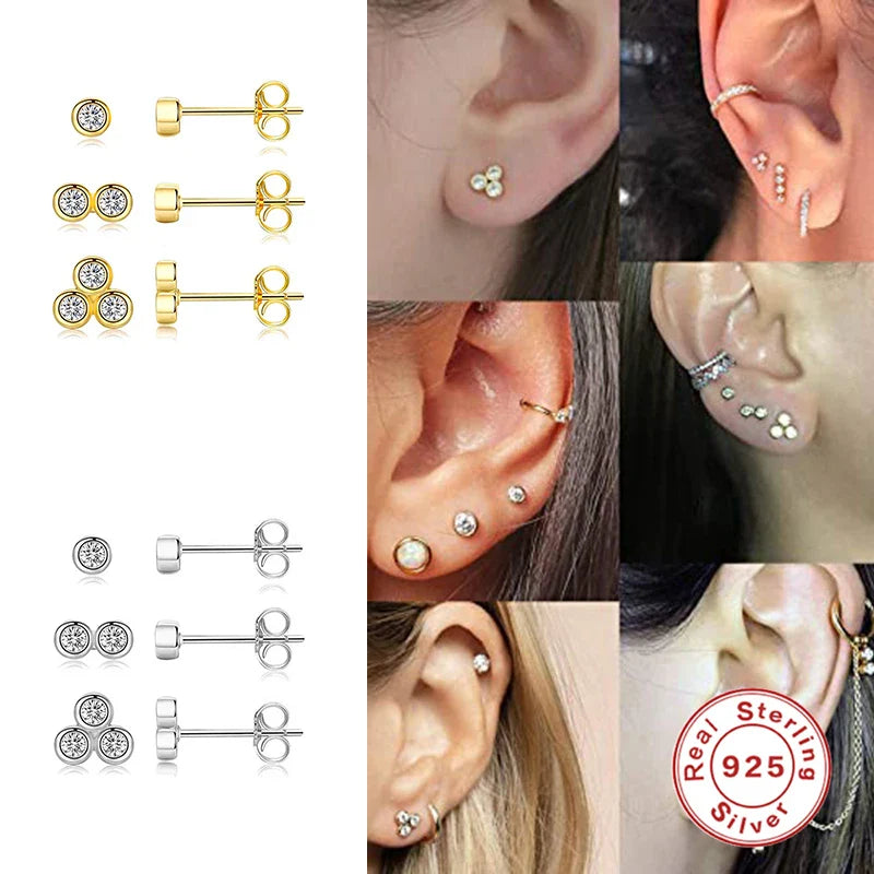 CANNER 3pcs/set Bling Zircon Earring 925 Sterling Silver Cute Mini Heart Star Stud Earrings Ear Bone Earlobe Piercing Jewerly