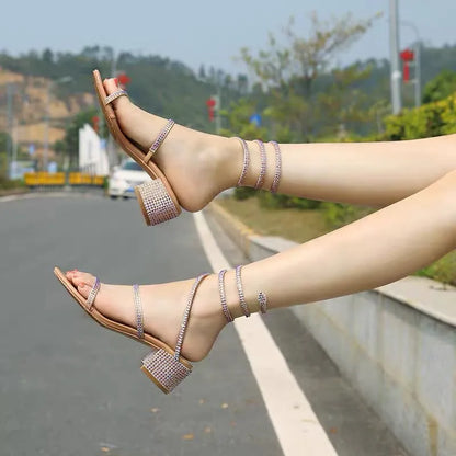 Fashion lady rhinestone diamond sandal big size chunky heel sandals spiral shape shoes low heel sandal z841
