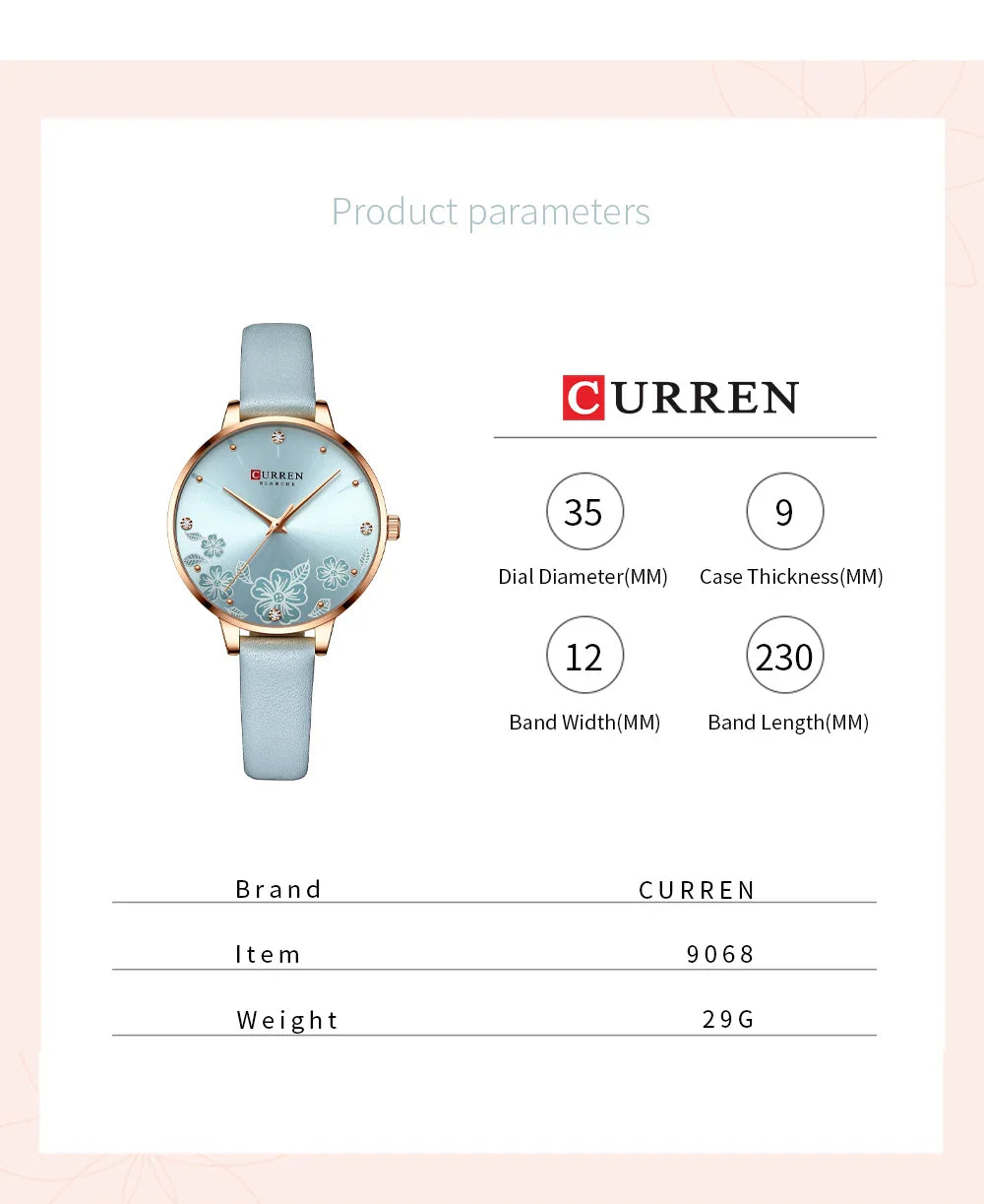 CURREN Watches Women Brand Leather Quartz Wristwatches Luxury Design Clock for Ladies Charm Flowers Dial with box
