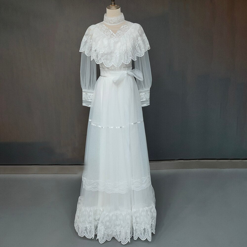 High Neck Tulle Wedding Dress Vintage Long Sleeve Lace