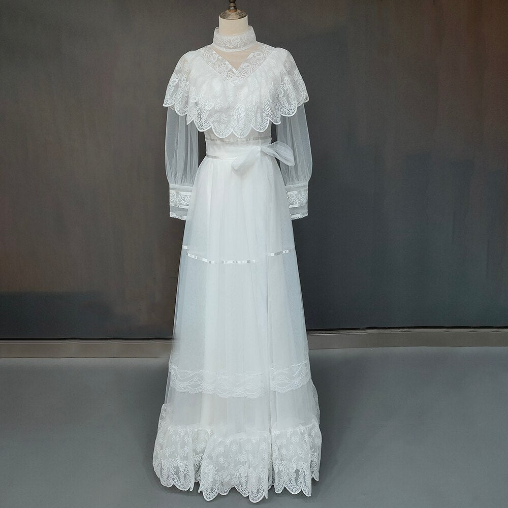 White Bridesmaid Dresses: High Neck Tulle Wedding Dress Vintage Long Sleeve Lace