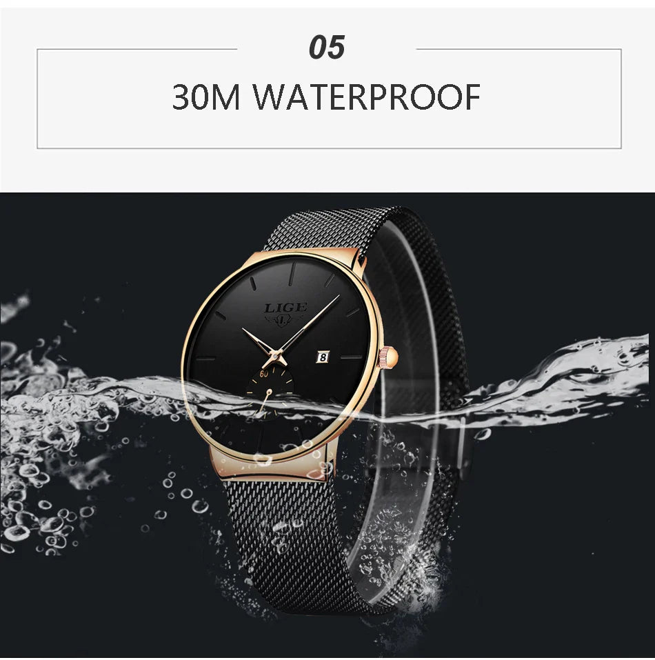 LIGE Ultra Thin Fashion Casual Ladies Watches Elegant Luxury Waterproof Business Quartz Watch for Women Gift Auto Calendar Clock