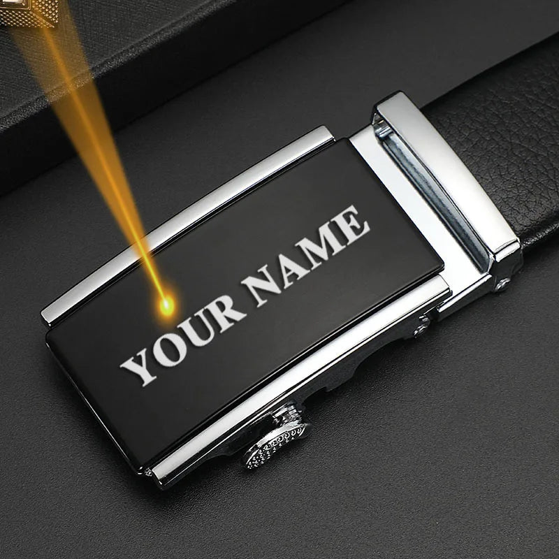 CEXIKA Men's Genuine Leather Automatic Buckle Belt Custom Engraved Name/Logo Ideal Waist Belt for Father's Day Personalized Gift