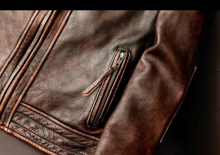 Men Leather Jacket  Swallow Tailed Vintage Motorcycle Top Cowhide Coat