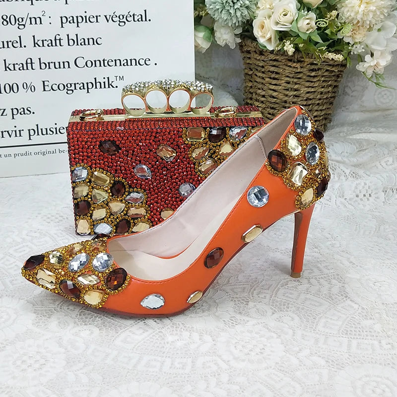 2024 New Ladies Orange Crystal Pointed Toe High Heels Women Wedding Shoes With Matching bags Girl‘s Party Dress Thin Heels