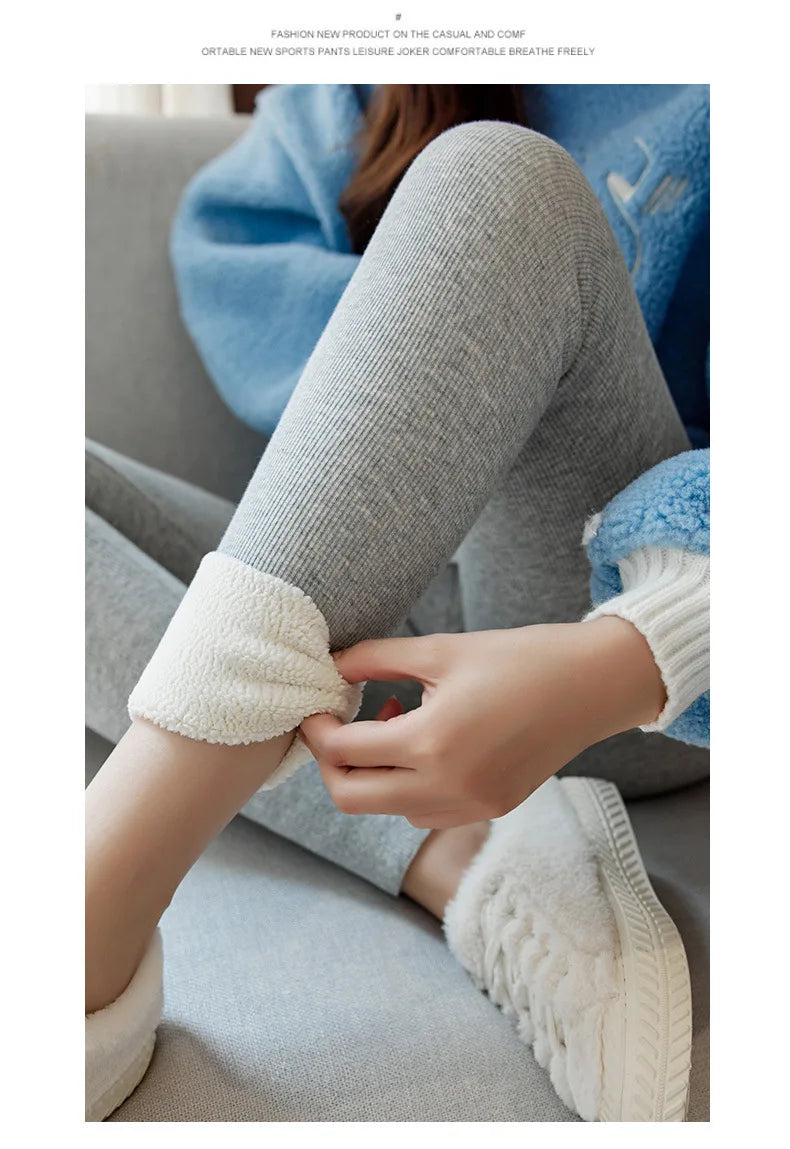 Winter Women Pants Thermal Fleece Thicken Leggings High Waist Ribbed Leggings