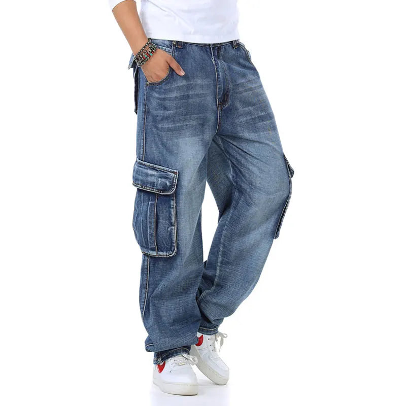 Jeans Men Denim Pants Straight Pocket Baggy Casual Streetwear Hip Hop