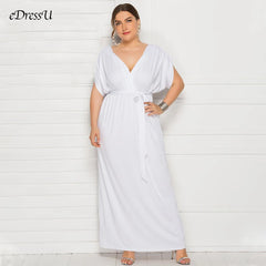 eDressU Long Plus Size Evening Party Dress V Neck Stretchy White