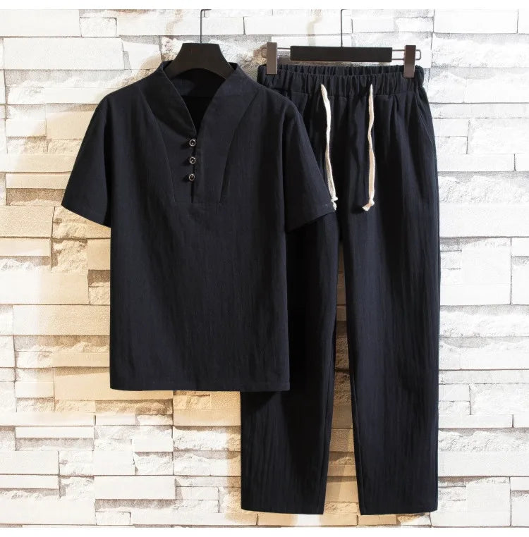 (Shirt + trousers) 2025 summer men shirt Man Cotton and linen shirts Short sleeve men's casual shirts men A set of clothes M-5XL