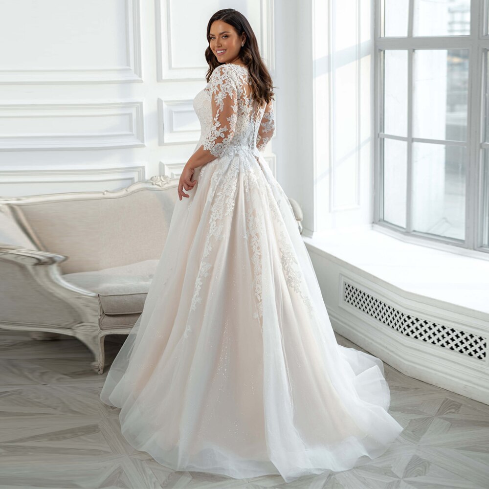 White Bridesmaid Dresses: Wedding Dress Plus Size 3/4 Sleeves Glitter Tulle Lace