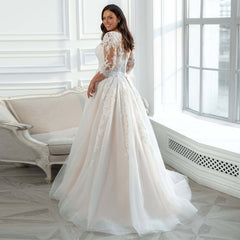 Wedding Dress Plus Size 3/4 Sleeves Glitter Tulle Lace Bride Dresses Big Size