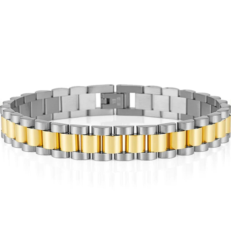 10MM Watchband Style Men's Bracelets For Women Man Ladies Gold Color Stainless Steel Mannen Armband Male Jewelry Accessories New