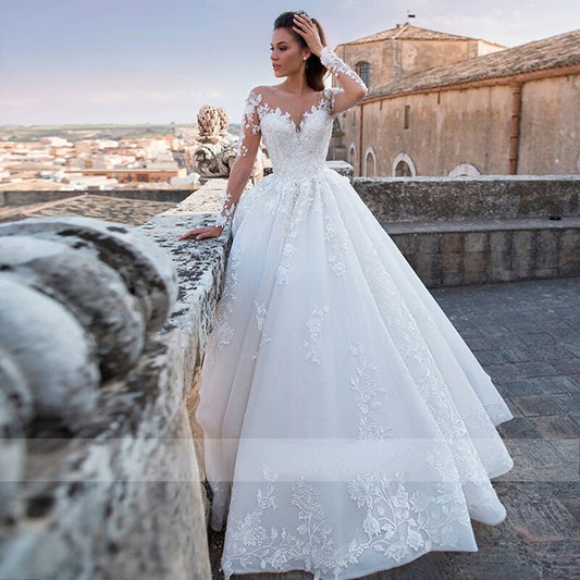 Long Sleeves Wedding Dresses Open Back White Lace Applique Bridal Dress