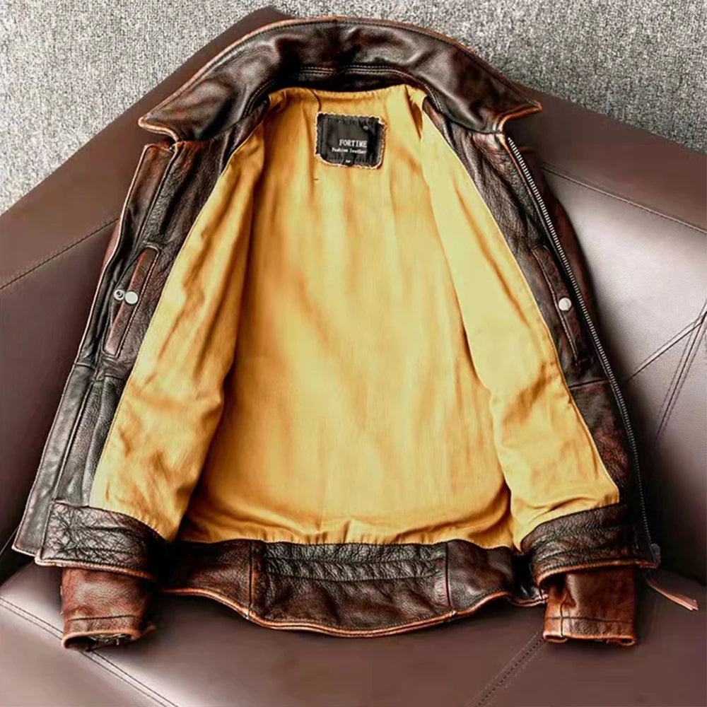 Men Leather Jacket  Swallow Tailed Vintage Motorcycle Top Cowhide Coat