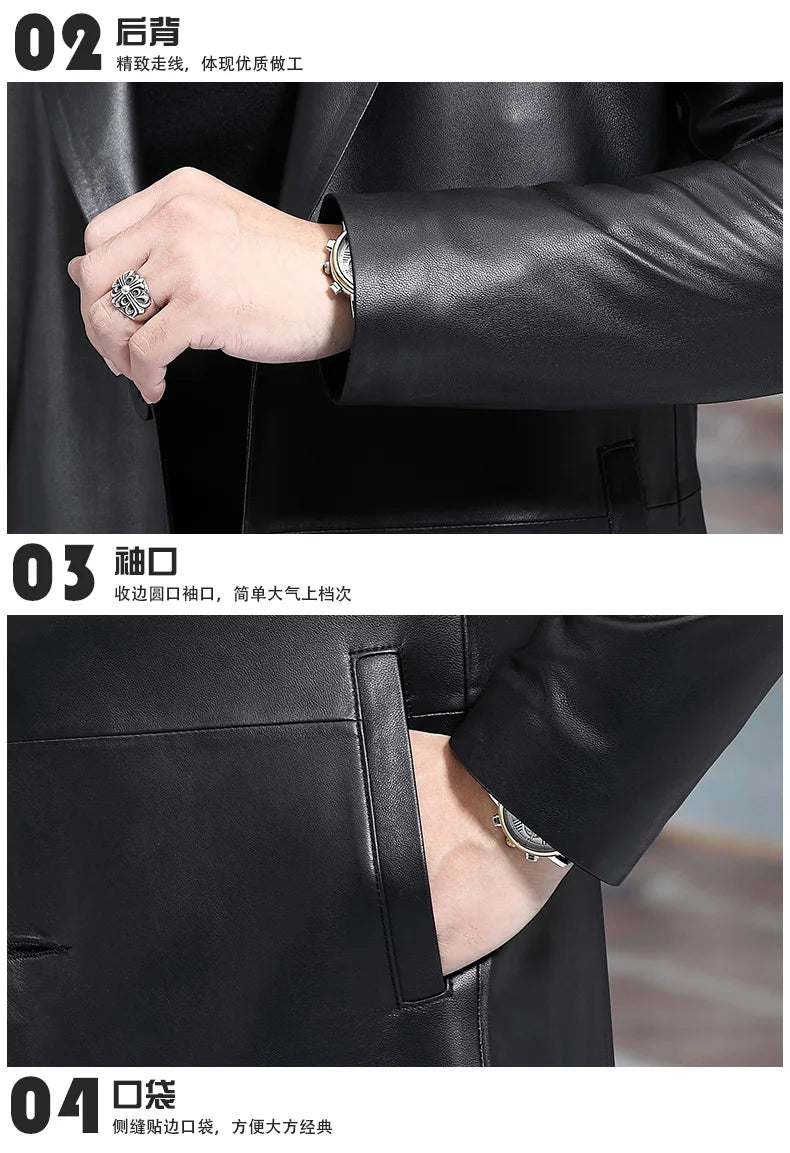 Long Black Mens Leather Blazer Jacket Long Sleeve Lapel Plus Size Faux Leather Coat