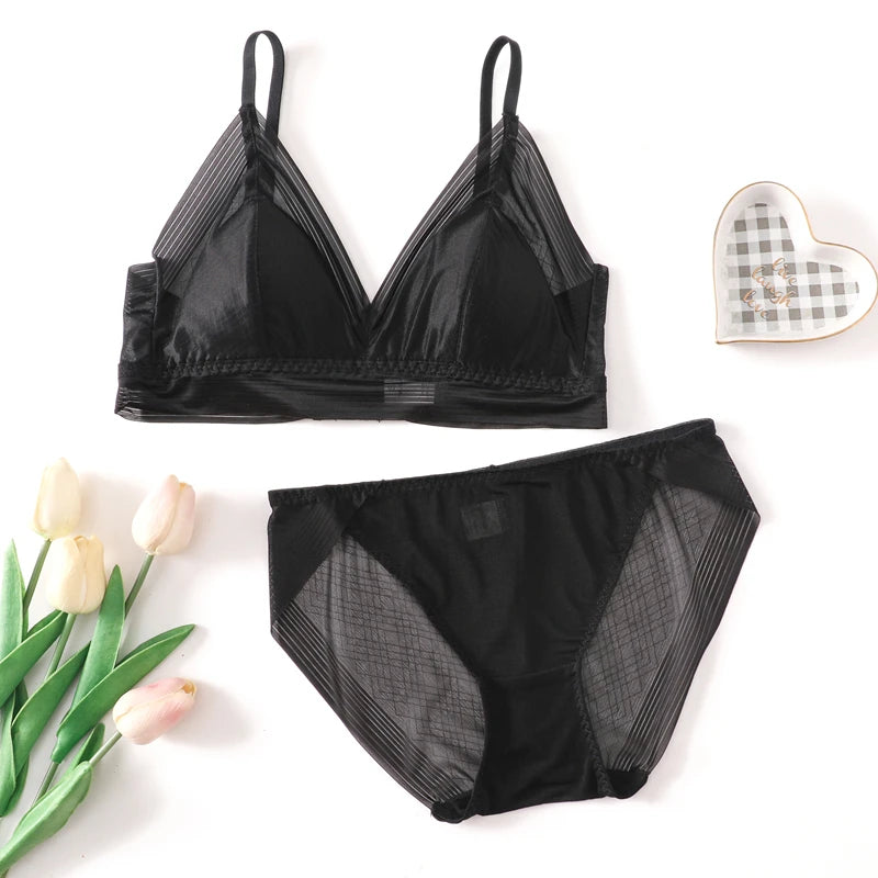 Bra Set 100%Real Silk and Lace Wire Free Comfort Bras and Panties