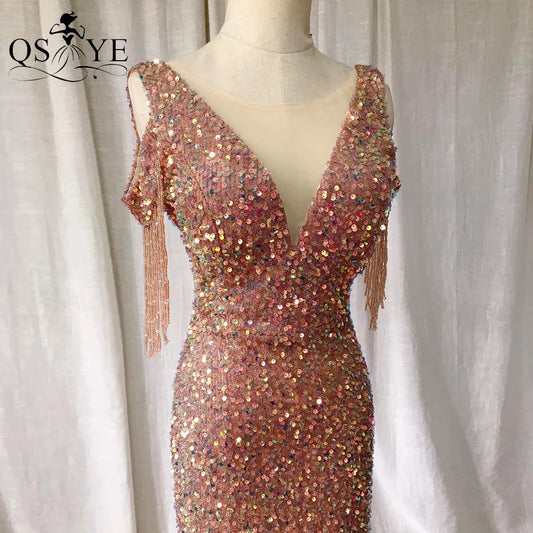 Sparkle Brown Evening Dress Beading Side Sleeves Gold Sequin Prom Gown