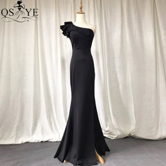 Black Long Evening Dress One Shoulder Mermaid Formal Gown Ruffles Dress