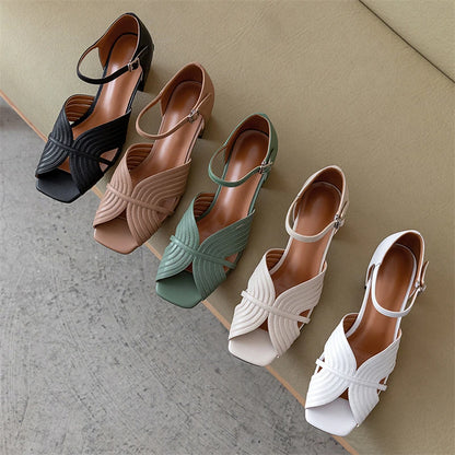 Meotina Sandals Shoes Women Genuine Leather Ankle Strap Shoes Med Thick Heel Sandals Square Toe Cow Leather Lady Sandals Summer