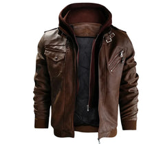 Winter Men's PU Leather Jacket Casual Man Motorcycle Leather Hooded Coats