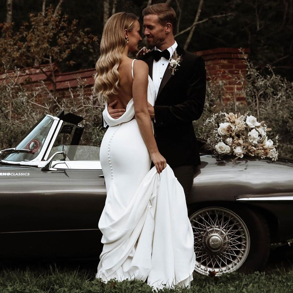White Bridesmaid Dresses: Wedding Dress Long Train Backless Buttons Draped