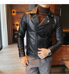 Men Faux Leather Jacket Oblique Zipper Jackets Motorcycle Black Jaqueta De Couro