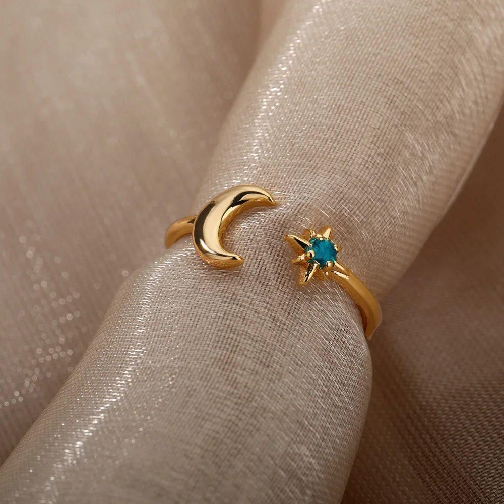 Zircon Moon Star Rings For Women Stainless Steel Glowing Moon Star Adjustable Finger
