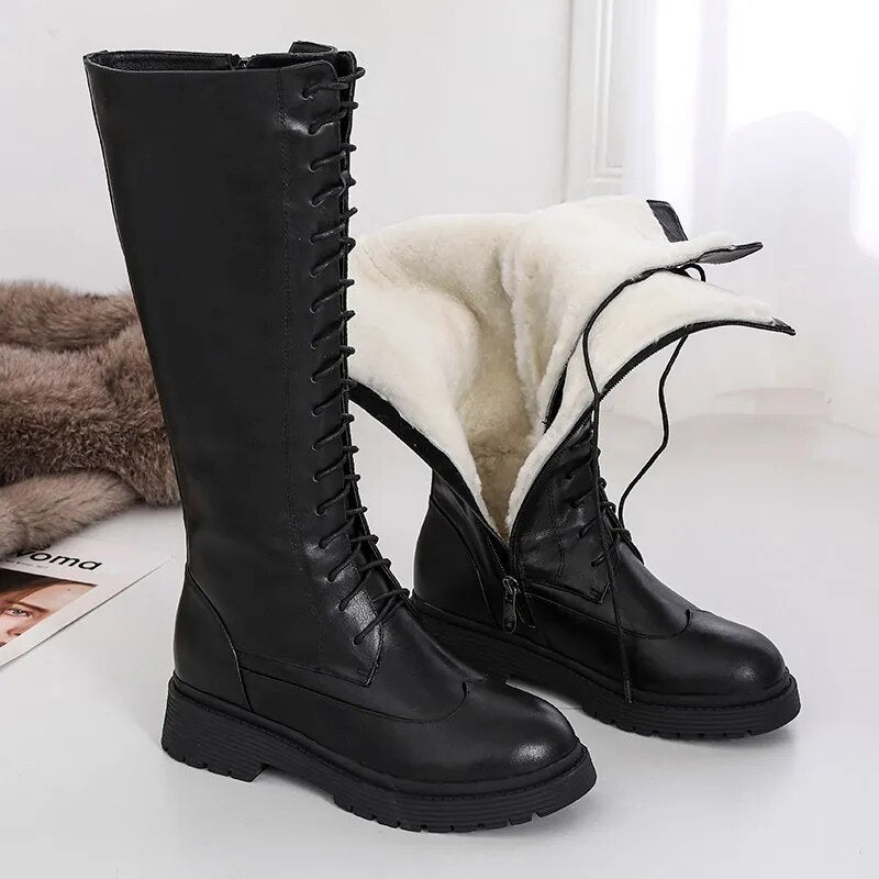 Genuine leather boots women shoes lace up warm winter boots nature sheep