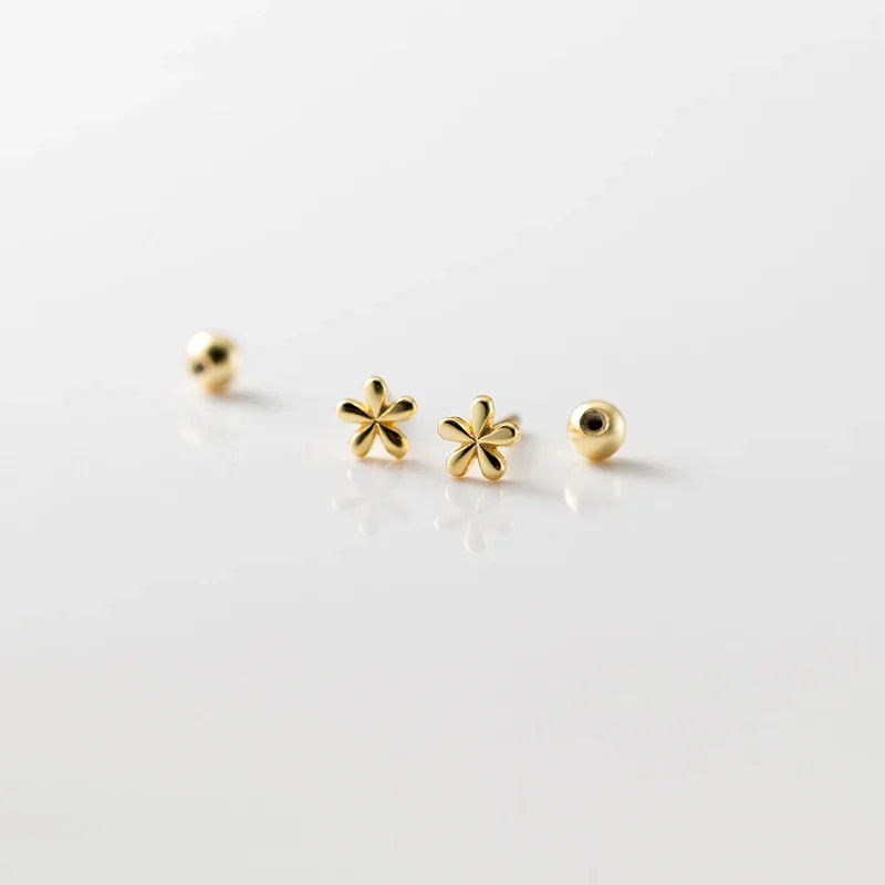WANTME 925 Sterling Silver Fashion Simple Golden Flower Beads Small Stud Earrings for Women Teen Piercing Jewelry Accessories