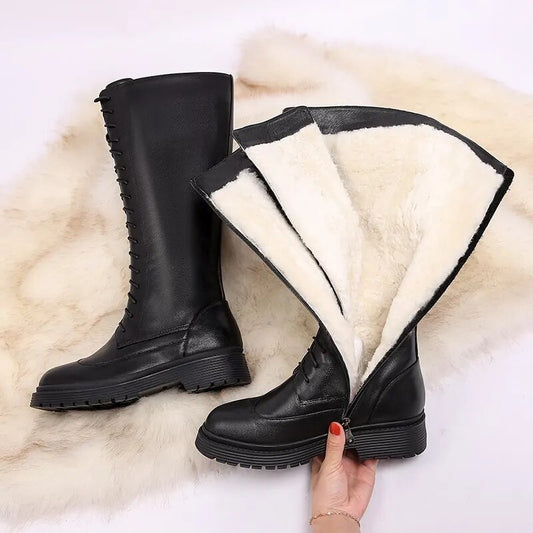 Genuine leather boots women shoes lace up warm winter boots nature sheep