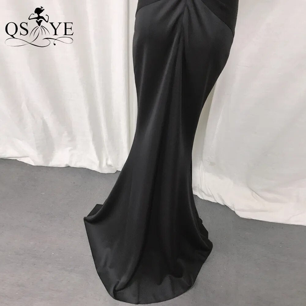 QSYYE Front Split Black Mermaid Long Prom Dress Fitted Elastic Ruched Evening Gown Buttons Formal Party Sweetheart Girls Gown