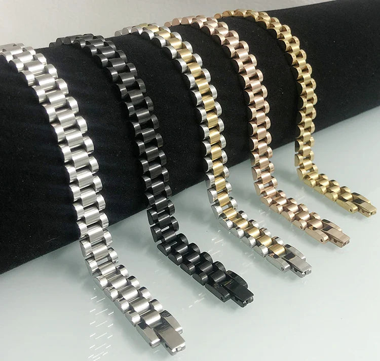 10MM Watchband Style Men's Bracelets For Women Man Ladies Gold Color Stainless Steel Mannen Armband Male Jewelry Accessories New