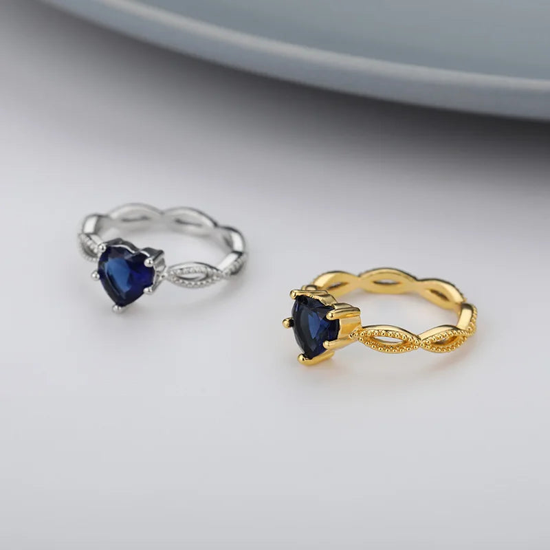 Blue Gem Heart Rings For Women Zirconia Silver Color Couple Heart Ring Party Gift